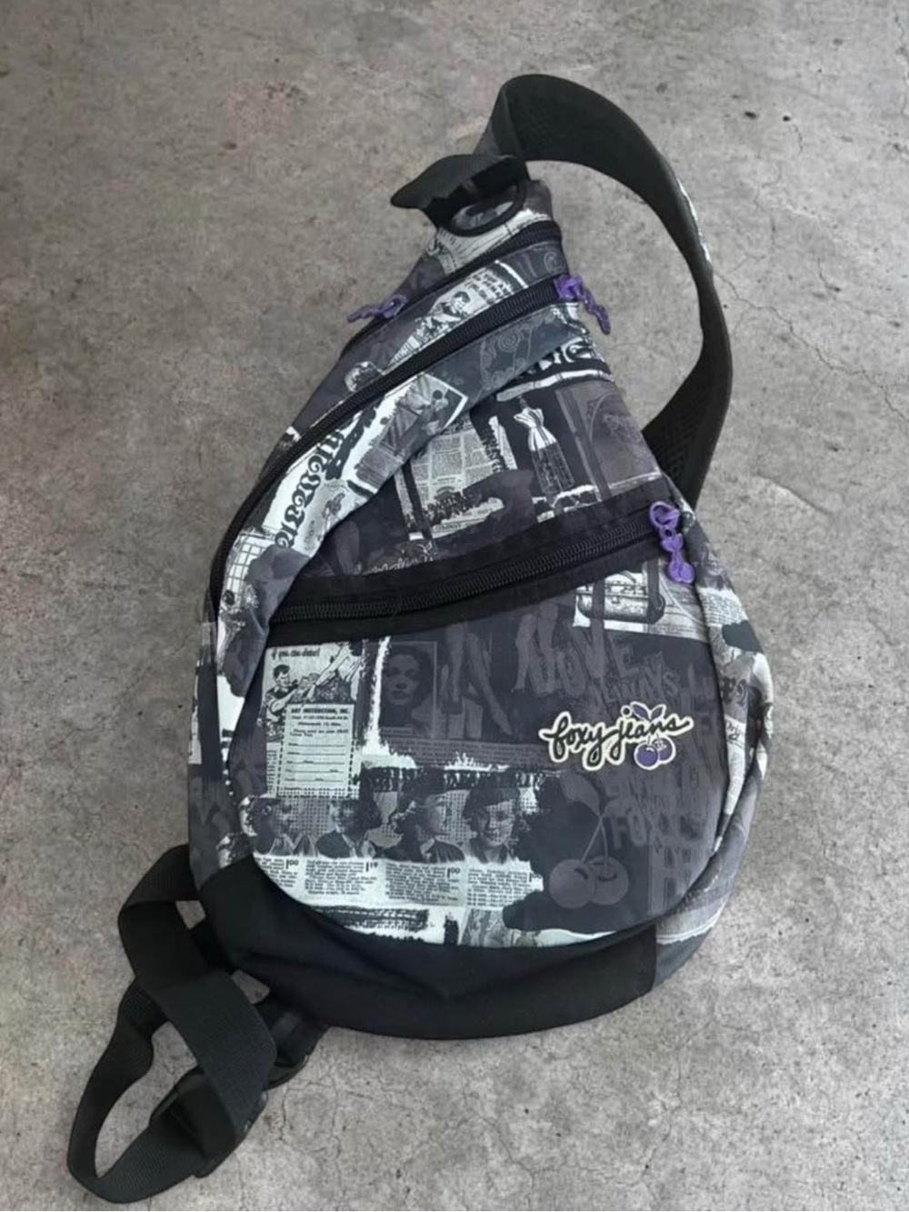 Gray Graphic Mini Sling Bag with Purple Accents